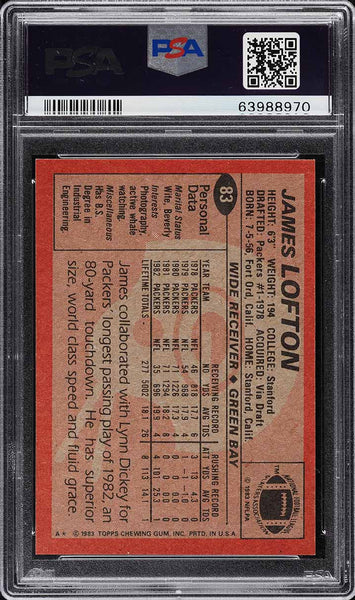 1983 Topps FB Card # 83 James Lofton Green Bay Packers HOF PSA 10 GEM MINT (MGD2)