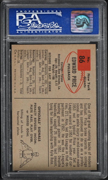 1954 Bowman FB Card # 86 Edward Price HOF PSA 8 NM-MT (MGD2)