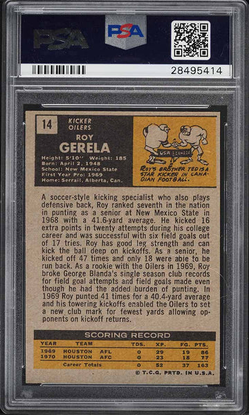 1971 Topps FB Card # 14 Roy Gerela Houston Oilers ROOKIE RC PSA 8 NM-MT (MGD2)