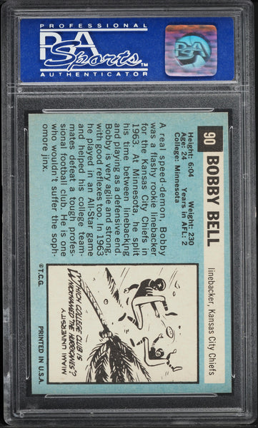 1964 Topps FB Card # 90 Bobby Bell Kansas City Chiefs HOF ROOKIE RC PSA 8 NM-MT (MGD2)