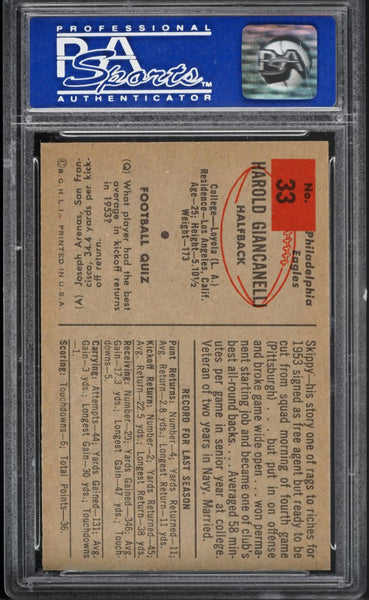 1954 Bowman FB Card # 33 Harold Giancanelli Eagles ROOKIE RC PSA 8 NM-MT (MGD2)