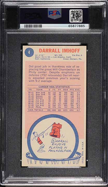 1969 Topps BkB Card # 4 Darrall Imhoff Philadelphia 76ers ROOKIE RC PSA 7 NRMT (MGD2)