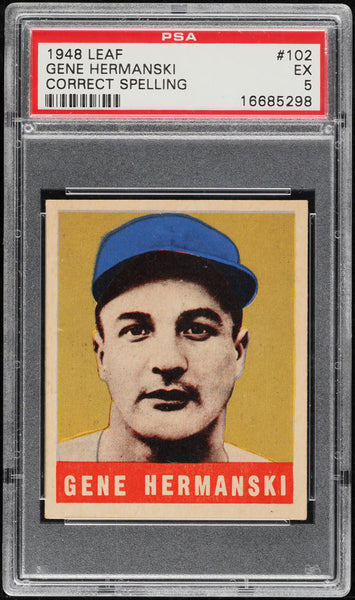 1948 Leaf BB Card #102 Gene Hermanski Brooklyn Dodgers CORRECT SPELLING PSA 5 EX (MGD2)