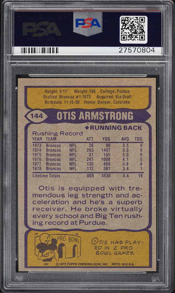 1979 Topps FB Card #144 Otis Armstrong Denver Broncos HOF PSA 8 NM-MT (MGD2)