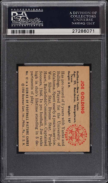 1950 Bowman FB Card # 12 Joe Golding New York Yanks ROOKIE RC PSA 7 NRMT (MGD2)