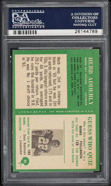 1966 Philadelphia FB Card # 80 Herb Adderley Green Bay Packers HOF PSA 8 NM-MT (MGD2)