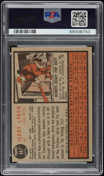 1962 Topps BB Card #487 Jerry Lynch Cincinnati Reds HOF PSA 8 NM-MT (MGD2)