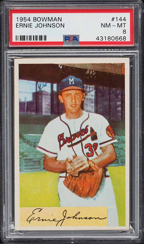 1954 Bowman BB Card #144 Ernie Johnson Milwaukee Braves HOF ROOKIE RC PSA 8 (MGD2)