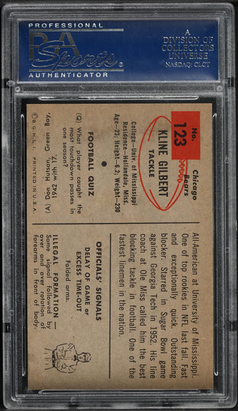 1954 Bowman FB Card #123 Kline Gilbert Chicago Bears ROOKIE RC PSA 8 NM-MT (MGD2)