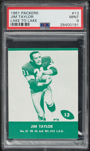 1961 Lake to Lake Packers FB Card # 13 Jim Taylor HOF PSA 9 MINT (MGD2)