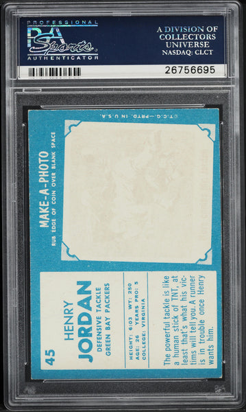 1961 Topps FB Card # 45 Henry Jordan Green Bay Packers HOF ROOKIE RC PSA 7 NRMT (MGD2)