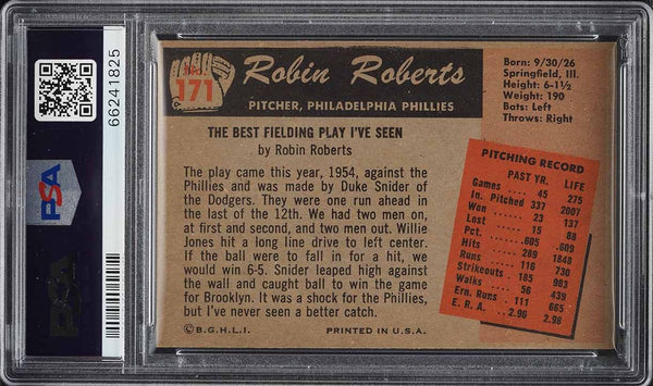 1955 Bowman BB Card #171 Robin Roberts Philadelphia Phillies HOF PSA 7 NRMT (MGD2)