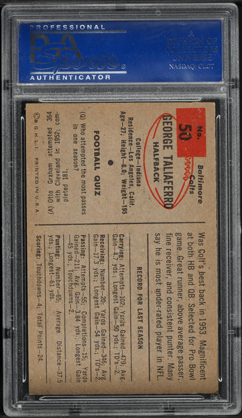 1954 Bowman FB Card # 50 George Taliaferro Baltimore Colts HOF PSA 8 NM-MT (MGD2)