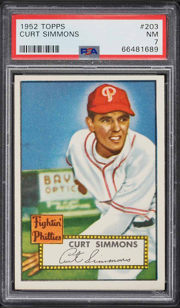 1952 Topps BB Card #203 Curt Simmons Philadelphia Phillies PSA 7 NRMT (MGD2)