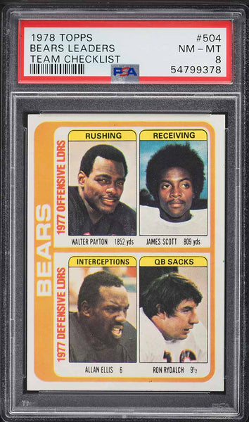 1978 Topps FB Card #504 Walter Payton HOF CHICAGO BEARS TEAM LEADERS PSA 8 NM-MT (MGD2)