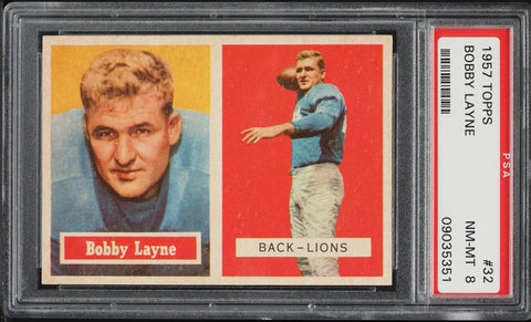 1957 Topps FB Card # 32 Bobby Layne Detroit Lions HOF PSA 8 NM-MT (MGD2)