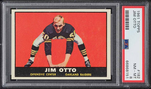 1961 Topps FB Card #182 Jim Otto Oakland Raiders HOF ROOKIE RC PSA 8 NM-MT (MGD2)