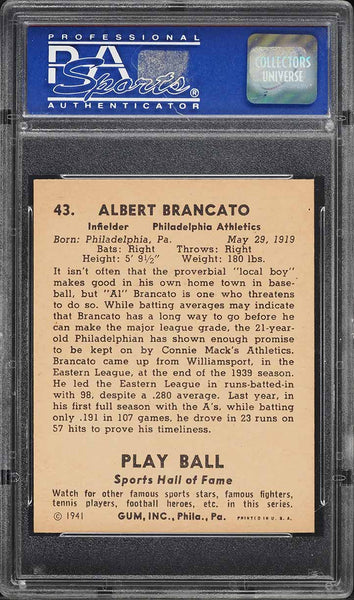 1941 Play Ball BB Card # 43 Albert Brancato Athletics ROOKIE RC PSA 7 NRMT (MGD2)