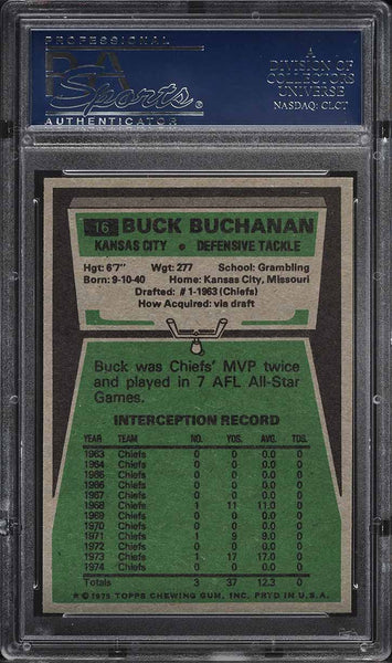 1975 Topps FB Card # 16 Buck Buchanan Kansas City Chiefs HOF PSA 9 MINT (MGD2)