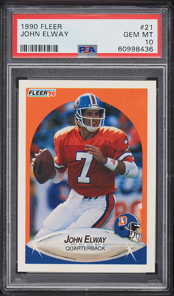 1990 Fleer FB Card # 21 John Elway Denver Broncos HOF PSA 10 GEM MINT (MGD2)