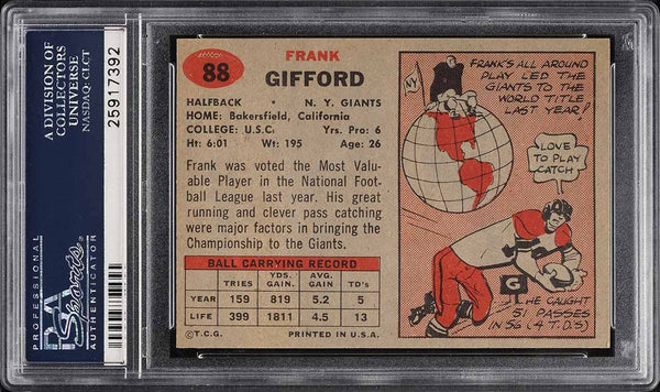 1957 Topps FB Card # 88 Frank Gifford New York Giants HOF PSA 8 NM-MT (MGD2)