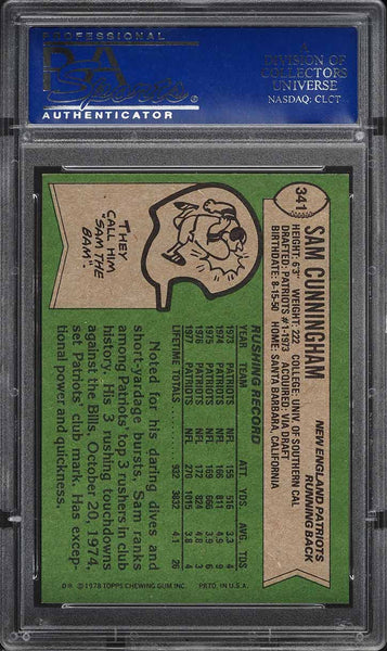 1978 Topps FB Card #341 Sam Cunningham New England Patriots HOF PSA 8 NM-MT (MGD2)