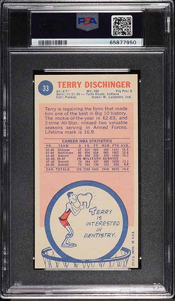 1969 Topps BkB Card # 33 Terry Dischinger Detroit Pistons ROOKIE RC PSA 7 NRMT (MGD2)