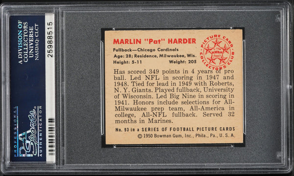 1950 Bowman FB Card # 93 Pat Harder Chicago Cardinals HOF PSA 5 EX (MGD2)