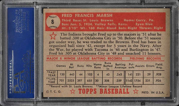 1952 Topps BB Card # 8 Fred Marsh St. Louis Browns ROOKIE RC PSA 7 NRMT (MGD2)