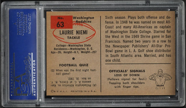 1954 Bowman FB Card # 63 Laurie Niemi Washington Redskins PSA 8 NM-MT (MGD2)