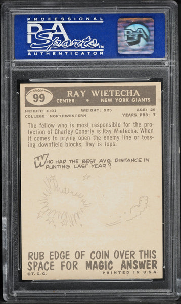 1959 Topps FB Card # 99 Ray Wietecha New York Giants PSA 8 NM-MT (MGD2)