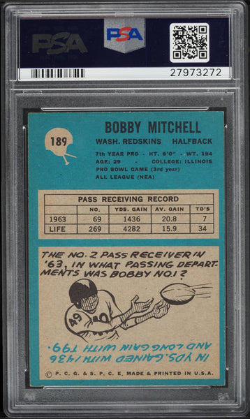 1964 Philadelphia FB Card #189 Bobby Mitchell Redskins HOF PSA 8 NM-MT (MGD2)