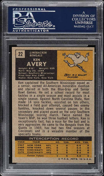 1971 Topps FB Card # 22 Ken Avery Cincinnati Bengals ROOKIE RC PSA 8 NM-MT (MGD2)