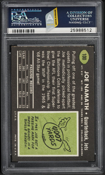 1969 Topps FB Card #100 Joe Namath New York Jets HOF PSA 8 NM-MT PWCC-A (MGD2)