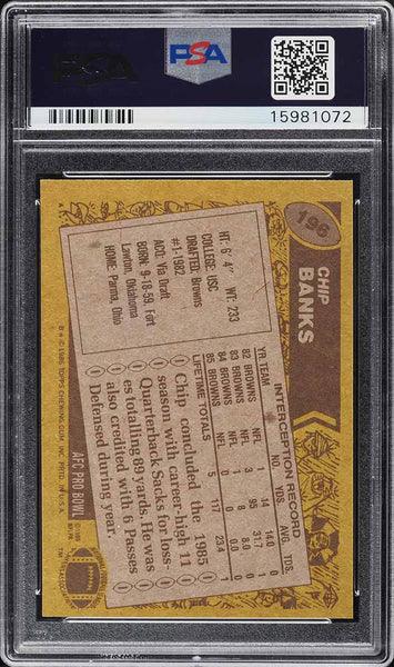 1986 Topps FB Card #196 Chip Banks Cleveland Browns PSA 10 GEM MINT (MGD2)