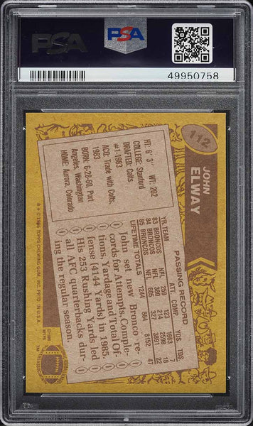 1986 Topps FB Card #112 John Elway HOF PSA 8 NM-MT (MGD2)