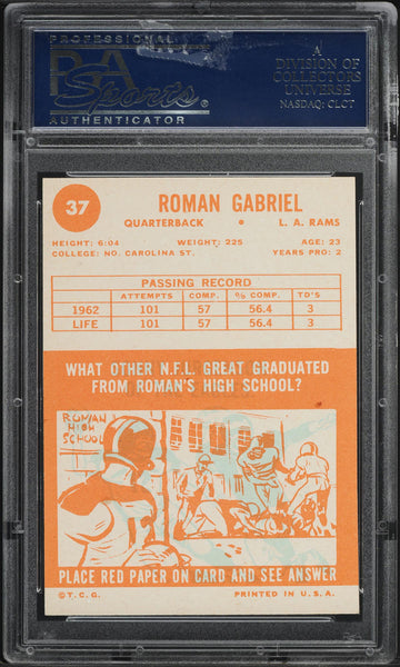 1963 Topps FB Card # 37 Roman Gabriel Los Angeles Rams HOF PSA 7 NRMT (MGD2)