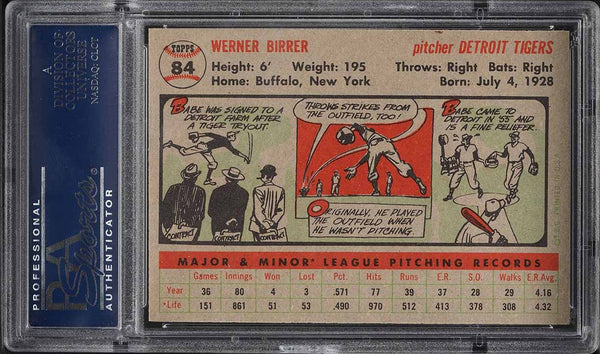 1956 Topps BB Card # 84 Babe Birrer Detroit Tigers ROOKIE RC GRAY BK PSA 8 NM-MT (MGD2)