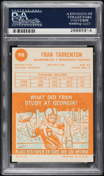 1963 Topps FB Card # 98 Fran Tarkenton Minnesota Vikings HOF PSA 6 EXMT (MGD2)