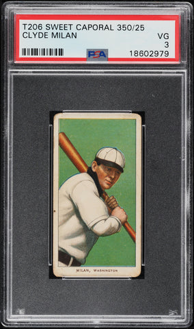 1909-11 T206 Clyde Milan Washington, SWEET CAPORAL 350/25 PSA 3 VG (MGD2)