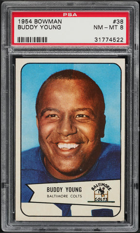 1954 Bowman FB Card # 38 Buddy Young Baltimore Colts HOF PSA 8 NM-MT (MGD2)