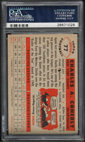 1956 Topps FB Card # 77 Charley Conerly New York Giants HOF PSA 8 NM-MT (MGD2)