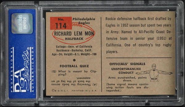 1954 Bowman FB Card #114 Richard Lem Mon Philadelphia Eagles ROOKIE RC PSA 8 (MGD2)