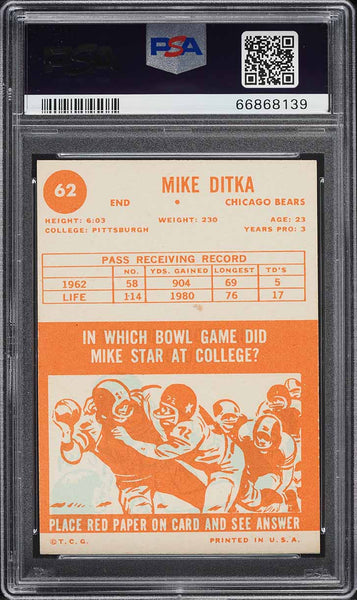 1963 Topps FB Card # 62 Mike Ditka Chicago Bears HOF PSA 7 NRMT (MGD2)