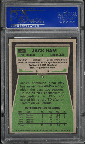 1975 Topps FB Card #125 Jack Ham Pittsburgh Steelers HOF PSA 9 MINT (MGD2)