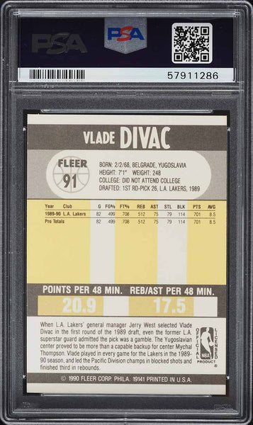 1990 Fleer BkB Card # 91 Vlade Divac LA Lakers HOF ROOKIE RC PSA 10 GEM MINT (MGD2)