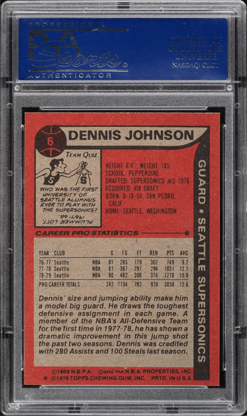 1979 Topps BkB Card # 6 Dennis Johnson Seattle Supersonics HOF PSA 9 MINT (MGD2)