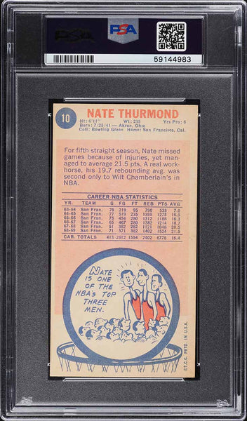 1969 Topps BkB Card # 10 Nate Thurmond Warriors HOF ROOKIE RC PSA 7 NRMT (MGD2)