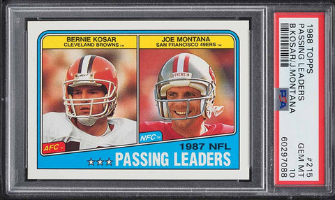1988 Topps FB Card #215 Bernie Kosar & Joe Montana PASSING LDRS PSA 10 GEM MINT (MGD2)