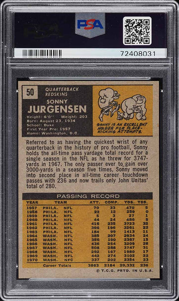 1971 Topps FB Card # 50 Sonny Jurgensen Washington Redskins HOF PSA 7 NRMT (MGD2)